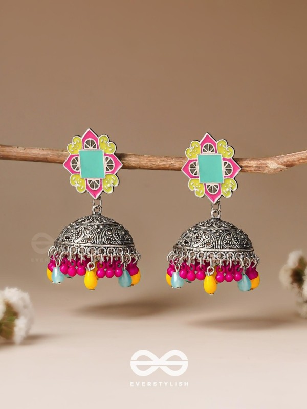 The Flowers Of Spring - Enamelled Oxidised Jhumka Earrings