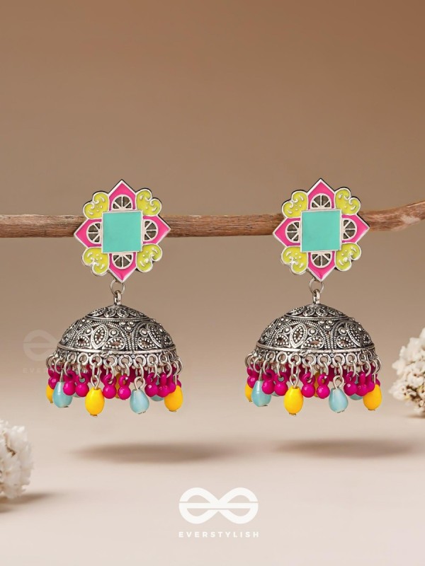 The Flowers Of Spring - Enamelled Oxidised Jhumka Earrings
