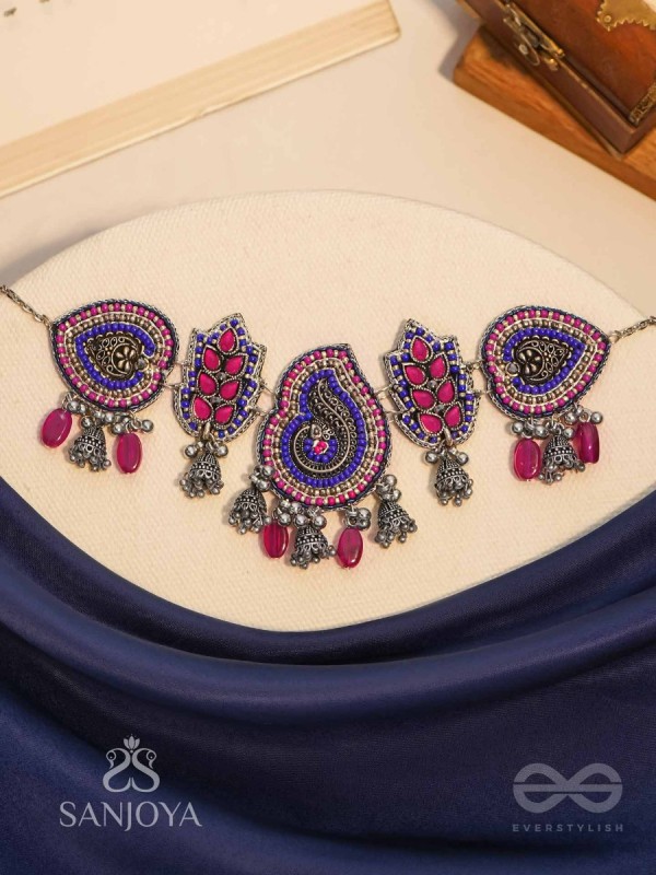 Strimaye - The Passionate Femininity - Beads And Stones Hand Embroidered Oxidised Neckpiece