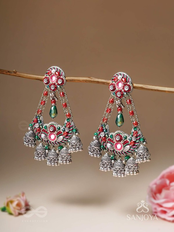 Upkaran- The Insignia Of Royalty- Beads, Dabka And Mirror Hand Embroidered Oxidised Earrings