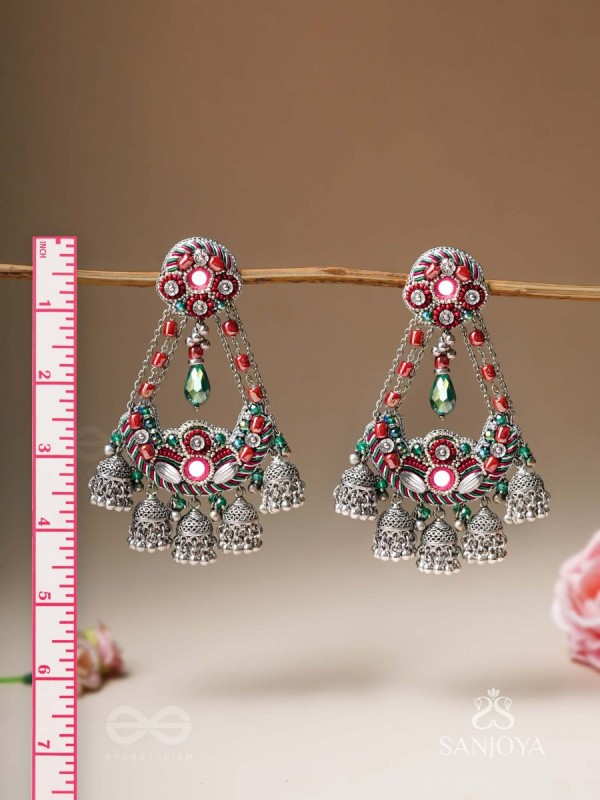 Upkaran- The Insignia Of Royalty- Beads, Dabka And Mirror Hand Embroidered Oxidised Earrings
