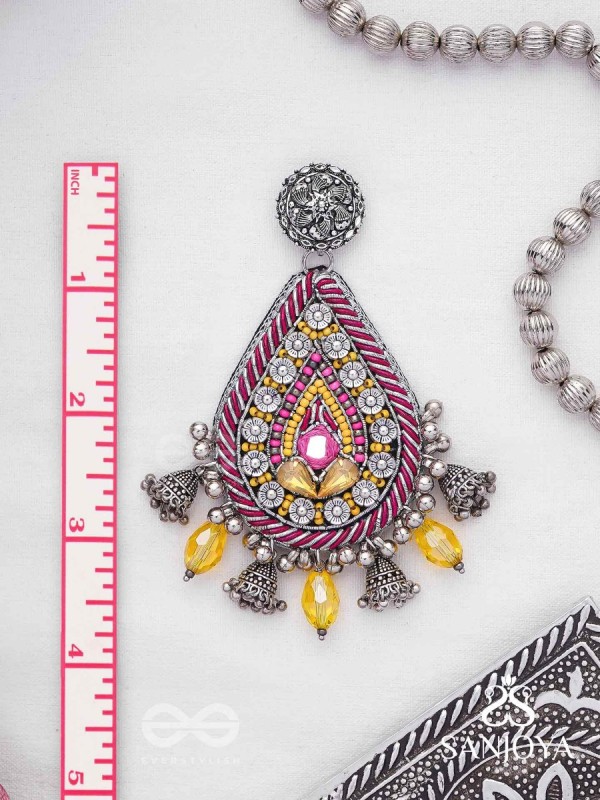 Jatimaha- The Festive Evening- Stones, Beads And Glass Drops Hand Embroidered Oxidised Earrings
