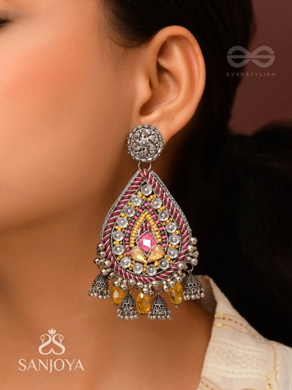 Jatimaha- The Festive Evening- Stones, Beads And Glass Drops Hand Embroidered Oxidised Earrings