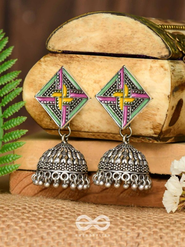 The Dazzled Chakravyuh- Enamelled Oxidised Jhumka Earrings