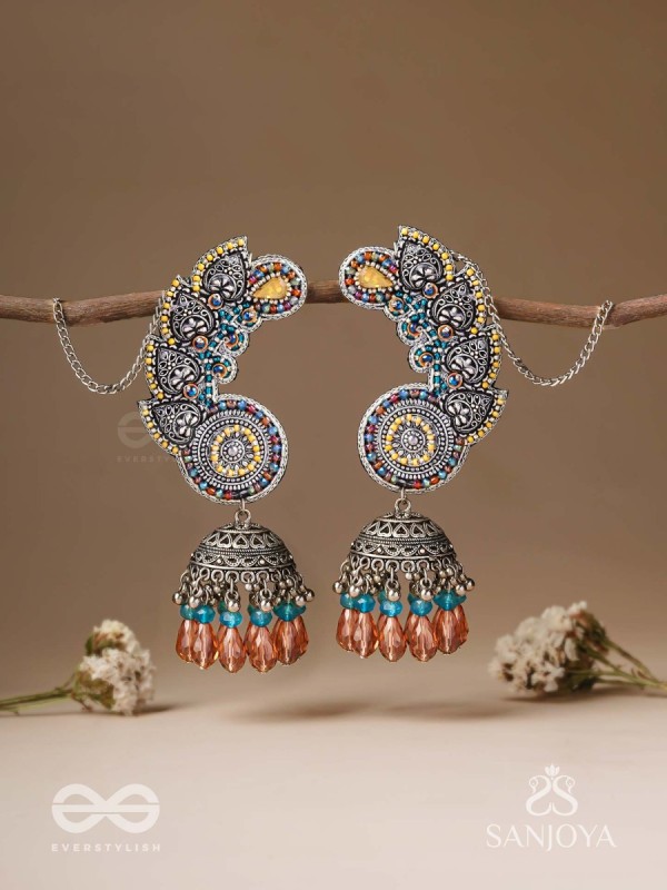 Kalaap- The Peacock's Tail- Beads And Glass Drops Hand Embroidered Oxidised Jhumka Earrings