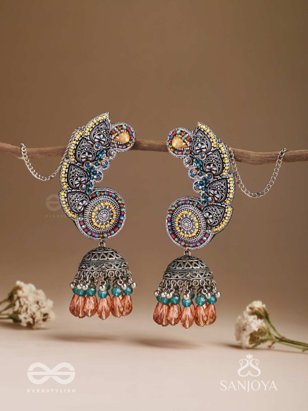 Kalaap- The Peacock's Tail- Beads And Glass Drops Hand Embroidered Oxidised Jhumka Earrings