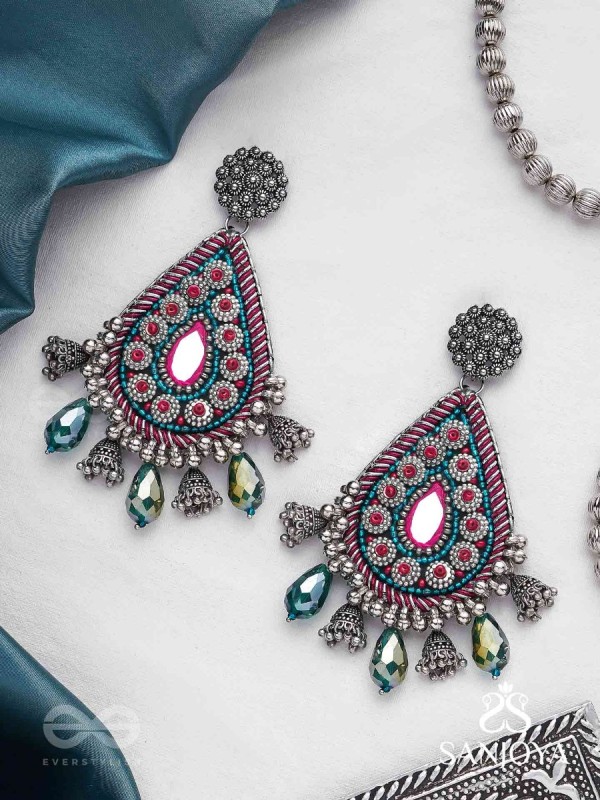 Abaddh - The Capricious Merries - Beads And Glass Drops Hand Embroidered Oxidised Earrings