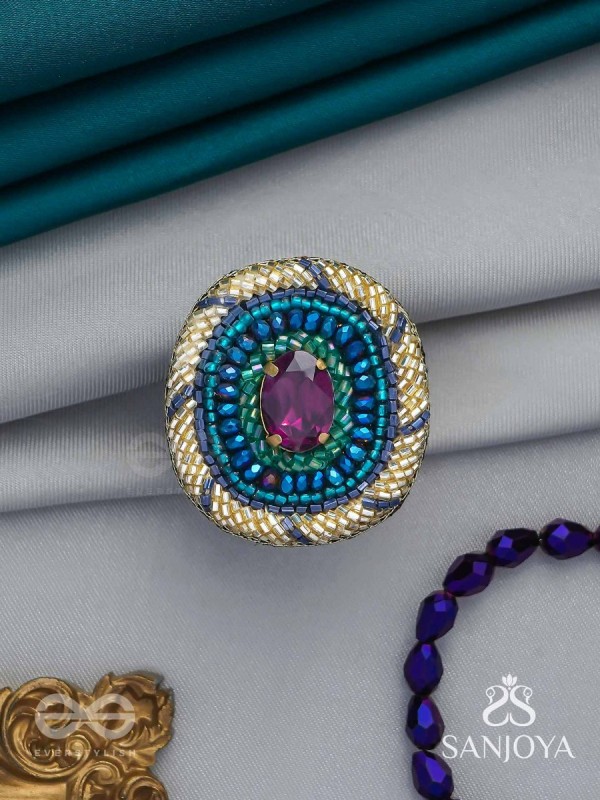 Rajavarta - The Amethyst Luck- Stone And Cutdana Hand Embroidered Ring (Adjustable)