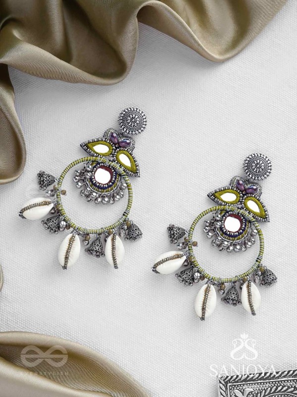 Dyuvani- The Coastal Grove- Mirror, Resham And Shells Hand Embroidered Earrings