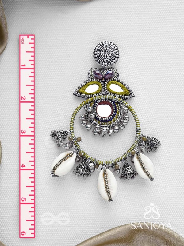 Dyuvani- The Coastal Grove- Mirror, Resham And Shells Hand Embroidered Earrings