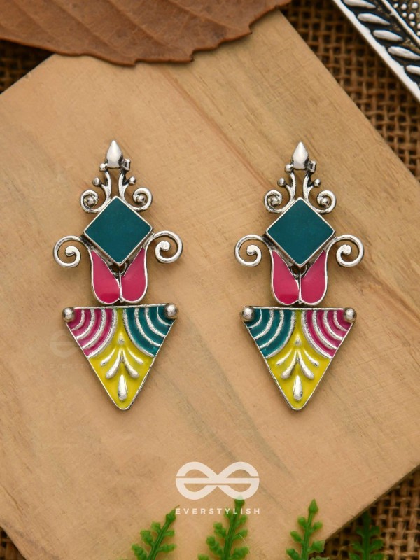 The Adorned Prisms- Enamelled Oxidised Ear Jackets (Red, Yellow And Green)
