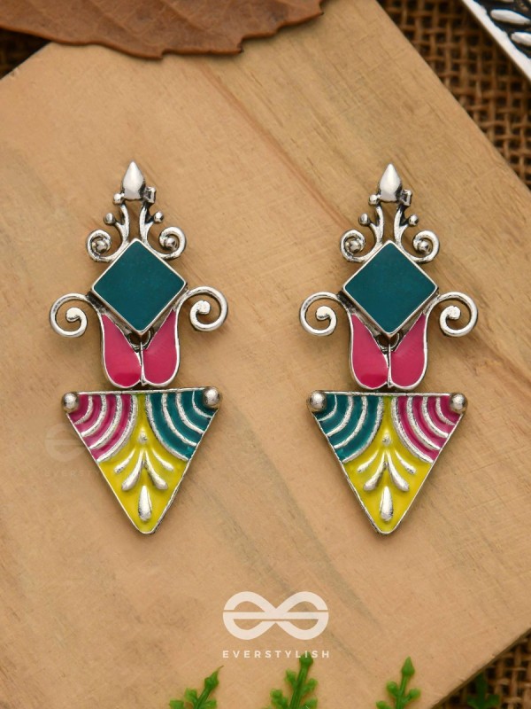 The Adorned Prisms- Enamelled Oxidised Ear Jackets (Red, Yellow And Green)