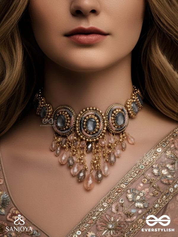 Bijaksara- The Secret Spell- Stones, Beads And Glass Drops Hand Embroidered Choker Neckpiece