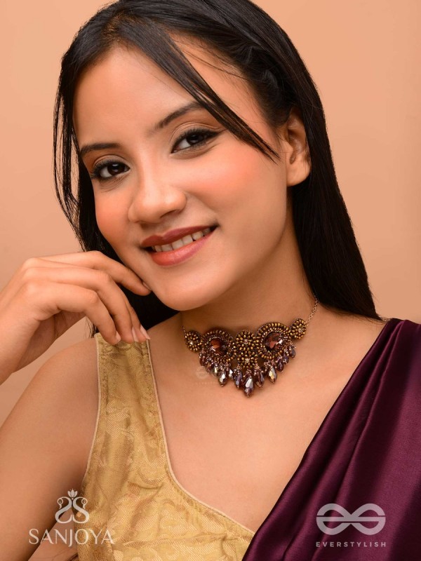 Aujasika- The Rusty Vigor- Stones, Beads And Glass Drops Hand Embroidered Choker Neckpiece