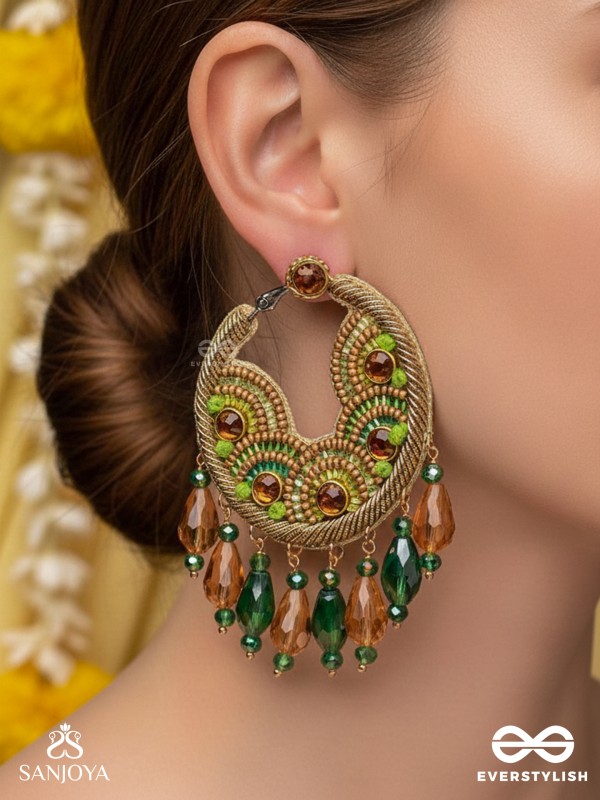 Kaldhvani - The Peacock Chirps - Stones, Beads And Glass Drops Hand Embroidered Hoop Earrings