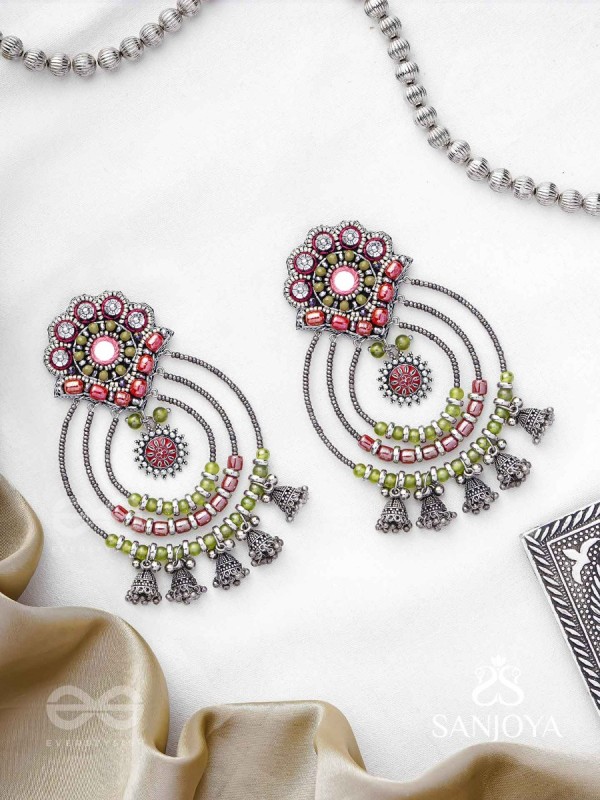 Yashasya - The Magenta Magnificence - Mirror, Resham And Beads Hand Embroidered Oxidised Earrings
