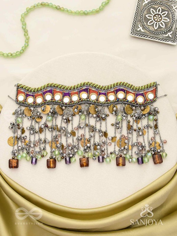 Dhaanshri- The Entrancing Music- Mirror, Beads And Coins Hand Embroidered Oxidised Choker Neckpiece