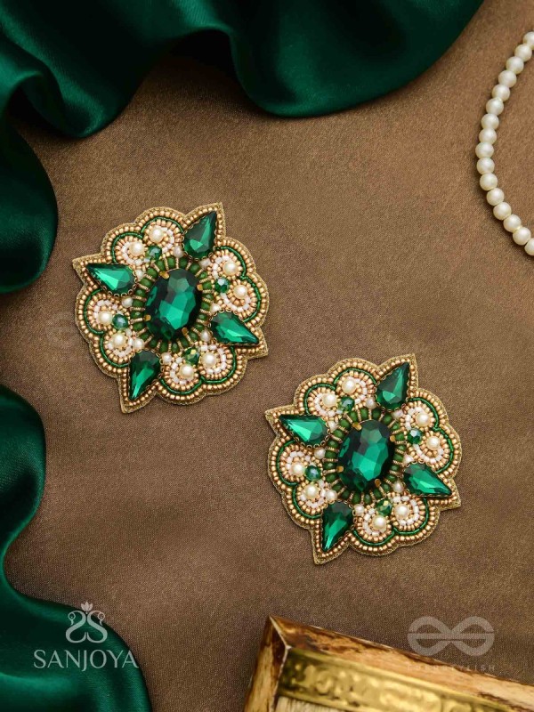 Indranilak- The Emerald Fascination- Stones And Beads Hand Embroidered Earrings