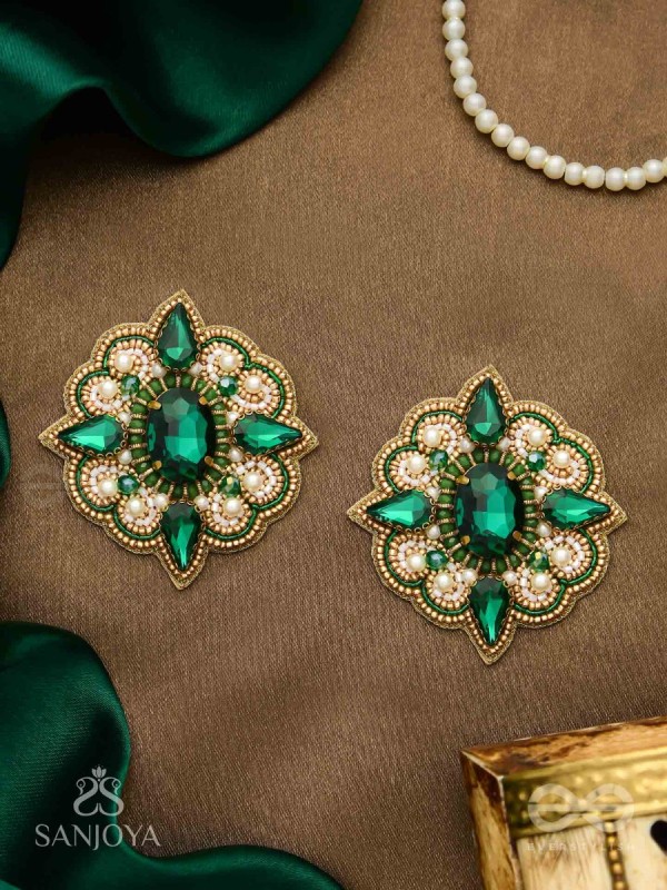 Indranilak- The Emerald Fascination- Stones And Beads Hand Embroidered Earrings