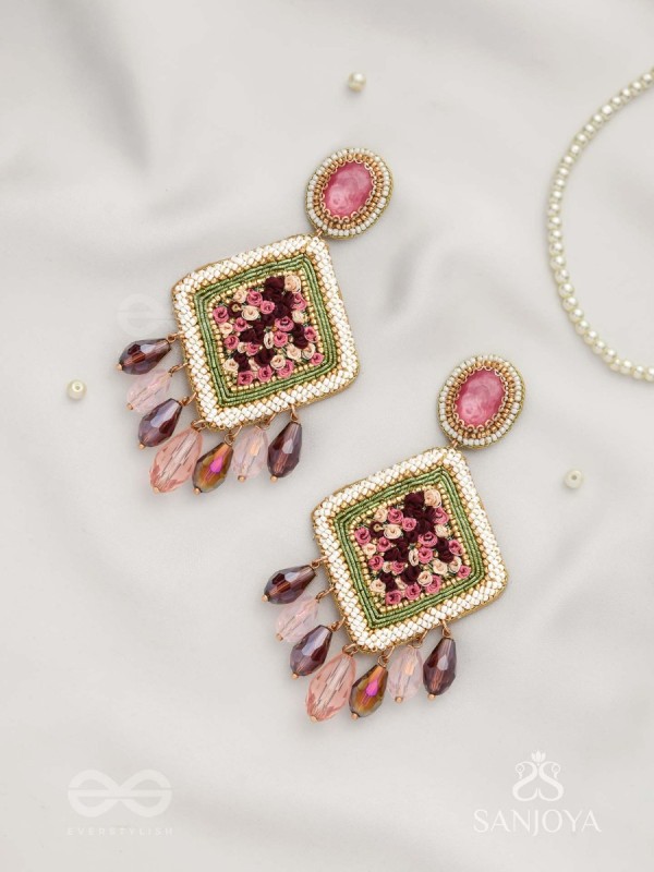Saukumaryam- The Rouge Delicacy- Resham, Beads And Glass Drops Hand Embroidered Earrings
