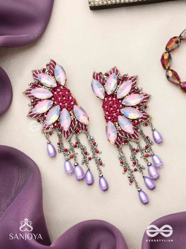Ardhikrit- The Rosewood Halves- Stones, Resham And Glass Drops Hand Embroidered Earrings