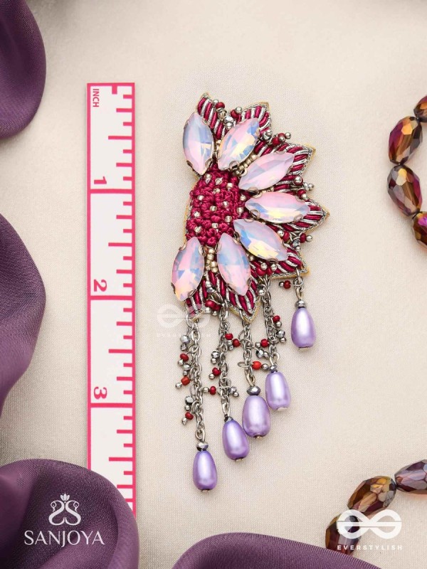 Ardhikrit- The Rosewood Halves- Stones, Resham And Glass Drops Hand Embroidered Earrings