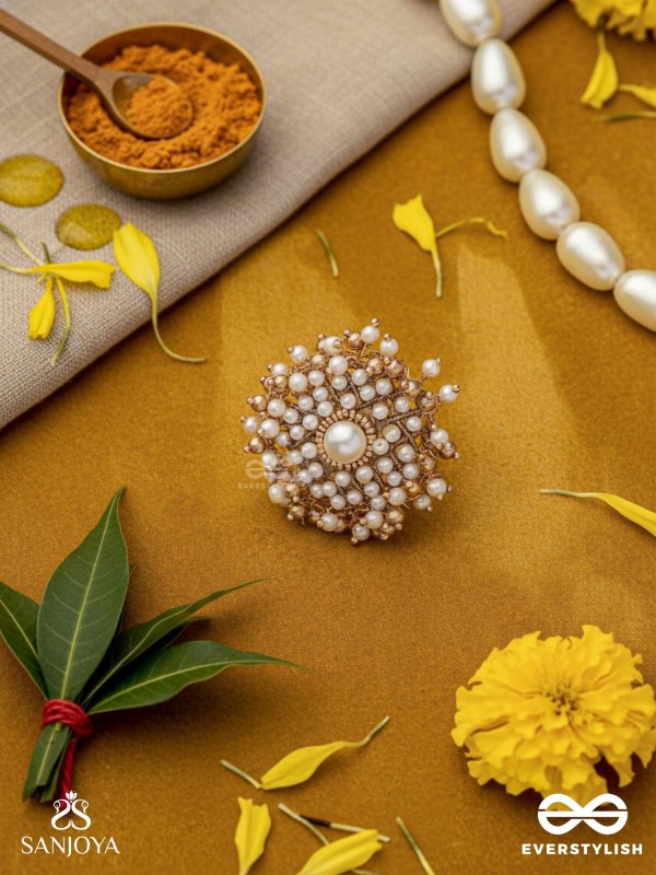Atimukta- The Pearly Proposal- Pearl And Beads Hand Embroidered Golden Ring (Adjustable)