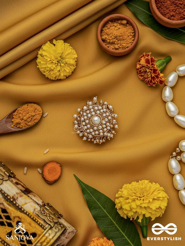 Atimukta- The Pearly Proposal- Pearl And Beads Hand Embroidered Golden Ring (Adjustable)