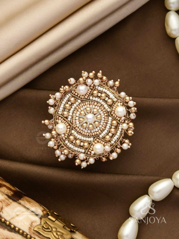 Atisrishti- The Dreamy Creation- Pearls And Beads Hand Embroidered Golden Ring (Adjustable)