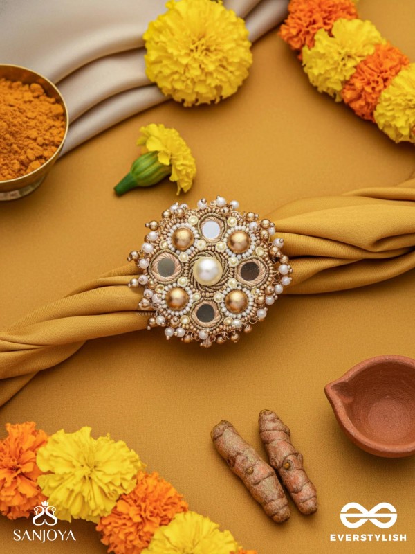 Darpanmaye- The Ornate Mirrors- Mirror, Resham And Beads Hand Embroidered Golden Ring (Adjustable)