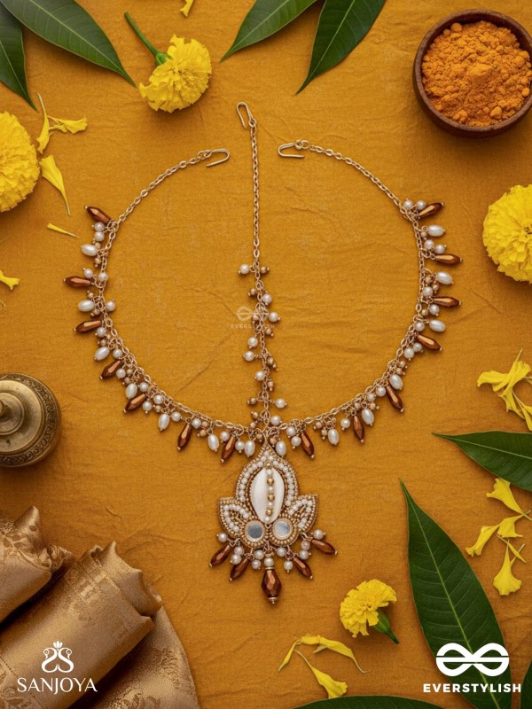 Roopdheya - The Budding Beauty - Shell, Mirrors, Beads And Glass Drops Hand Embroidered Maangtika