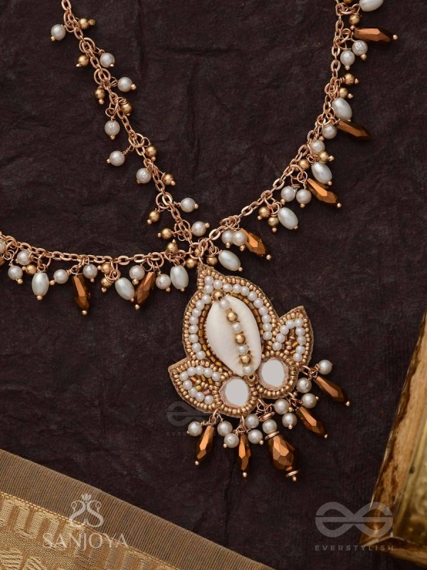 Roopdheya - The Budding Beauty - Shell, Mirrors, Beads And Glass Drops Hand Embroidered Maangtika