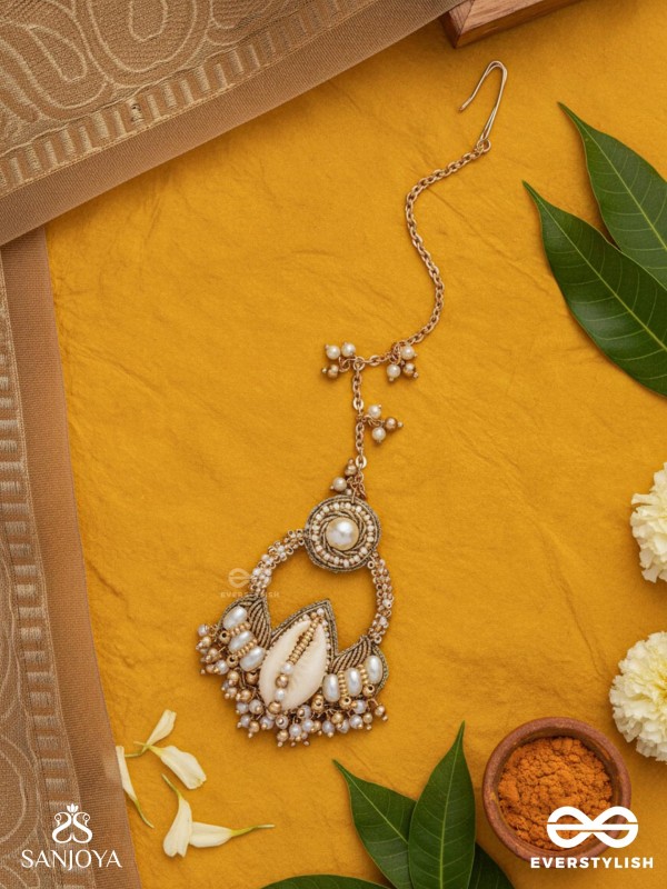 Nairjar - The Divine Blessing- Pearls, Shell And Beads Hand Embroidered Maangtika