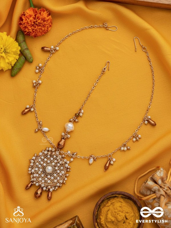 Vilsat- The Exquisite Mesh- Pearl, Beads And Glass Drops Hand Embroidered Maangtika