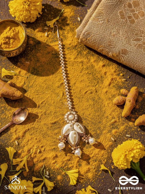 Savishkaar- The First Manifestation- Shells And Beads Hand Embroidered Maangtika