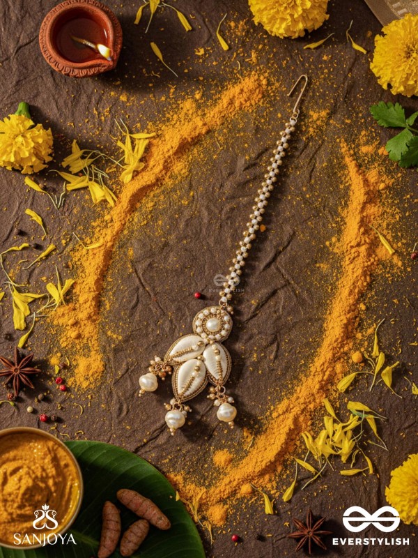 Savishkaar- The First Manifestation- Shells And Beads Hand Embroidered Maangtika