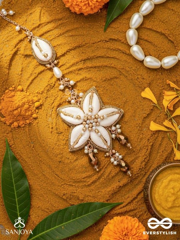 Stimit - The Cowrie Calm- Shells, Beads And Glass Drops Hand Embroidered Maangtika