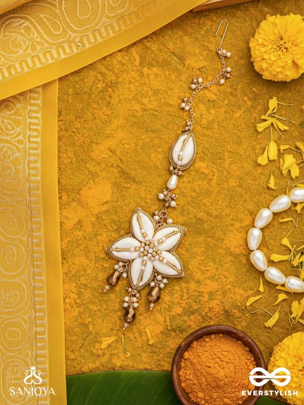 Stimit - The Cowrie Calm- Shells, Beads And Glass Drops Hand Embroidered Maangtika