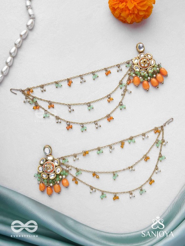Prasumat - The Ornate Flowers - Polki And Kundan Finished Hand Embroidered Chain Earrings