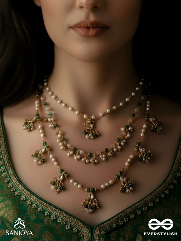 VARSHALEKHA - RAINFALL STROKES - ROYAL HERITAGE MULTI-STRAND KUNDAN NECKLACE WITH PEARL STRINGS AND POLKI DROPS