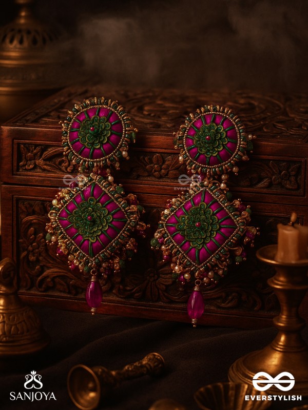 Stavak - The Dahlia Bouquet - Resham, Beads And Glass Drops Hand Embroidered Earrings