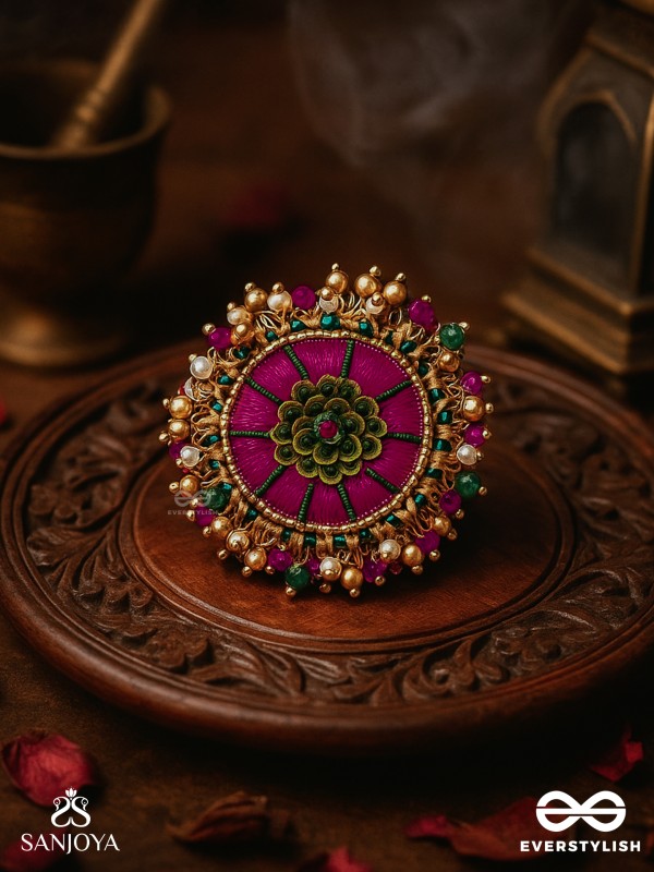Bibhrat - The Luminous Pink - Resham, Beads And Dabka Hand Embroidered Ring (Adjustable)