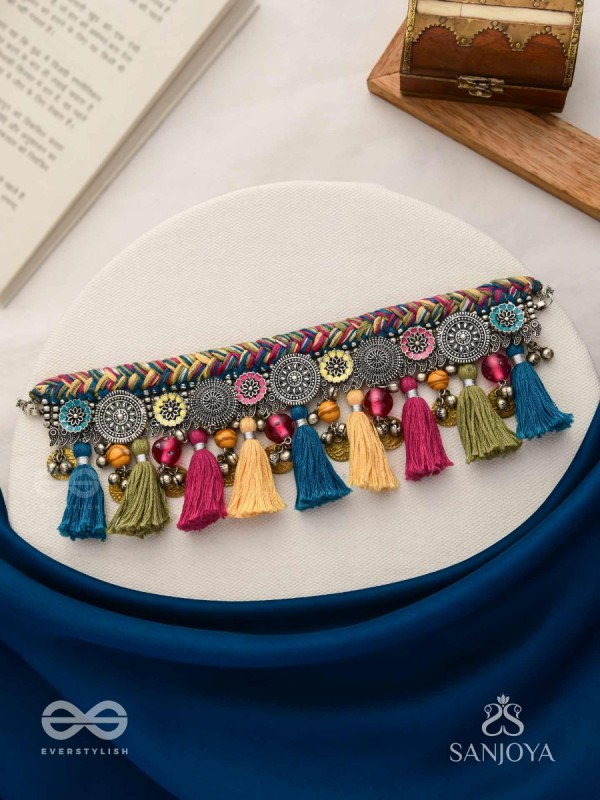 Akalka - The Moonlit Fur - Resham, Beads And Coins Hand Embroidered Oxidised Choker Neckpiece