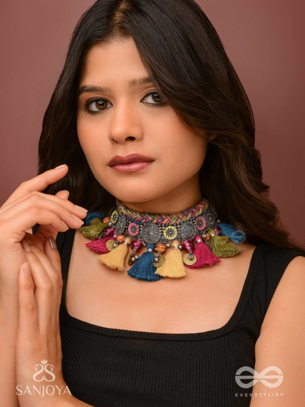 Akalka - The Moonlit Fur - Resham, Beads And Coins Hand Embroidered Oxidised Choker Neckpiece