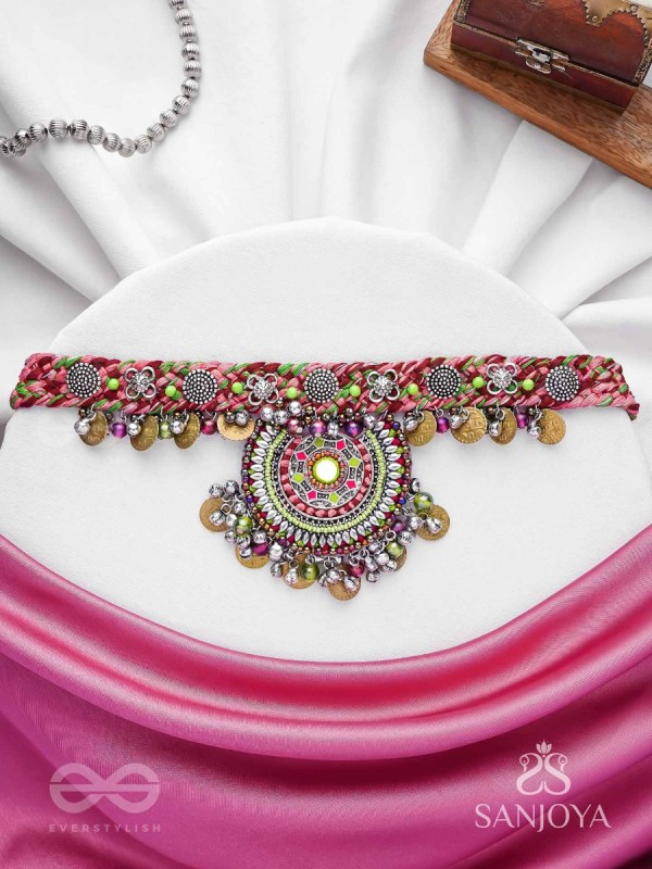 Mrigarsukt - The Hymns Of Flowers  - Resham, Coins And Beads Hand Embroidered Oxidised Choker Neckpiece