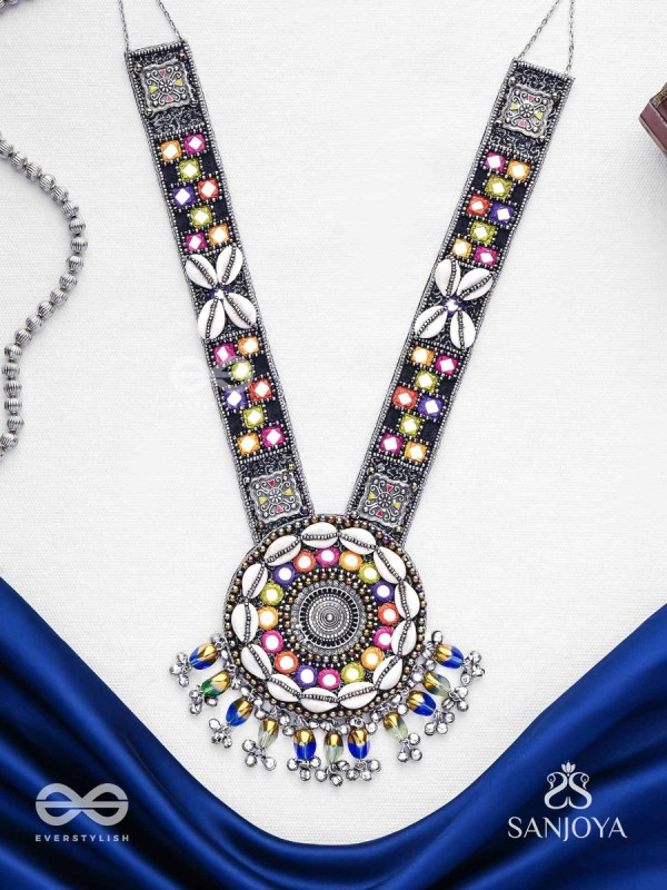 Sheetbhanviye - The Lunar Celebrations - Shells, Mirrors, Resham And Glass Drops Hand Embroidered Oxidised Neckpiece