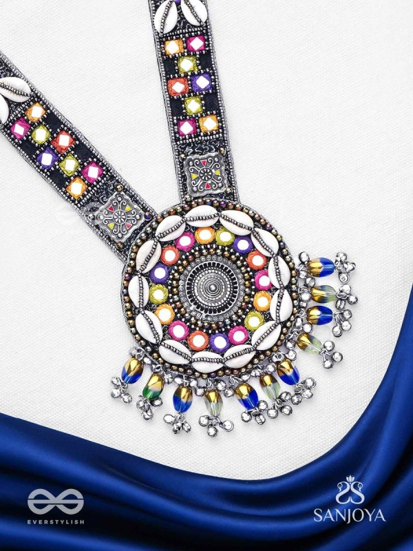 Sheetbhanviye - The Lunar Celebrations - Shells, Mirrors, Resham And Glass Drops Hand Embroidered Oxidised Neckpiece