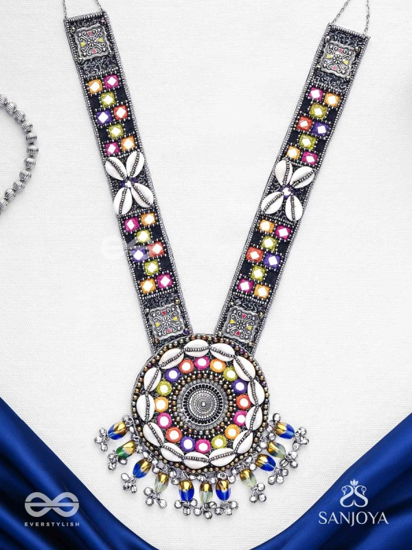 Sheetbhanviye - The Lunar Celebrations - Shells, Mirrors, Resham And Glass Drops Hand Embroidered Oxidised Neckpiece