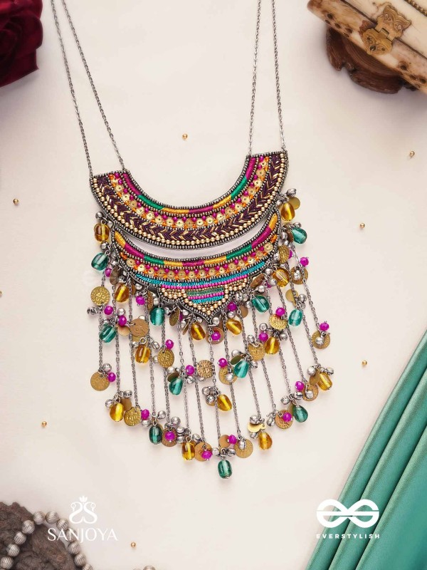 Kvan - The Layered Chimes - Resham, Beads, Coins And Glass Drops Hand Embroidered Oxidised Neckpiece