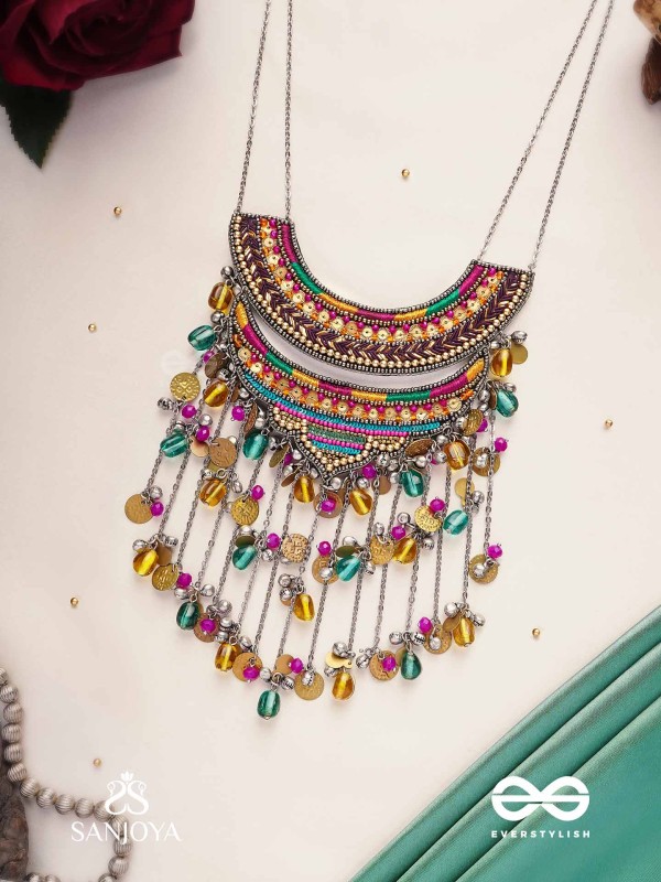 Kvan - The Layered Chimes - Resham, Beads, Coins And Glass Drops Hand Embroidered Oxidised Neckpiece